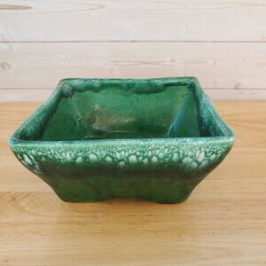 Mid Century Modern Green Pottery Planter Glazed Ceramic Square Planter Dish USA